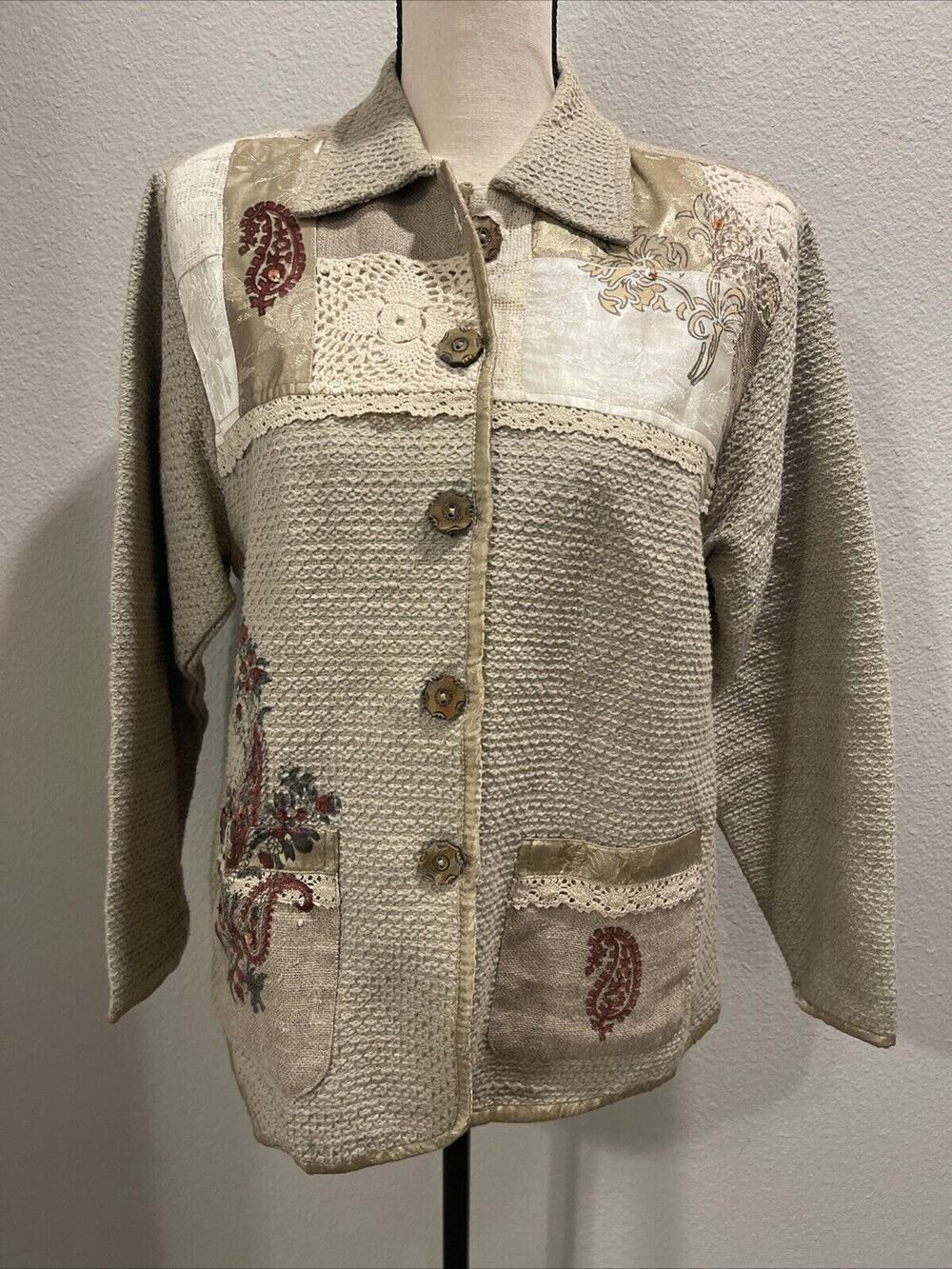 Vintage Think Positive Embellished Tapestry Lace Woven Oversized Jacket Sz Small